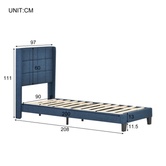 Lit simple - MUVOE - 90x200 cm - Rembourré - Matelas à ressorts - Bleu