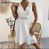 FiveFive Fashion Women Sexy Backless Hollow Out Lace Dress Casual Bodycon Sleeveless V-neck Solid Color Dresses