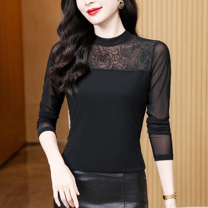 New Winter Slim and Versatile Half-high Neck Solid Color Iron Diamond Long Sleeve Mesh Base Shirt Women's T-shirt Top