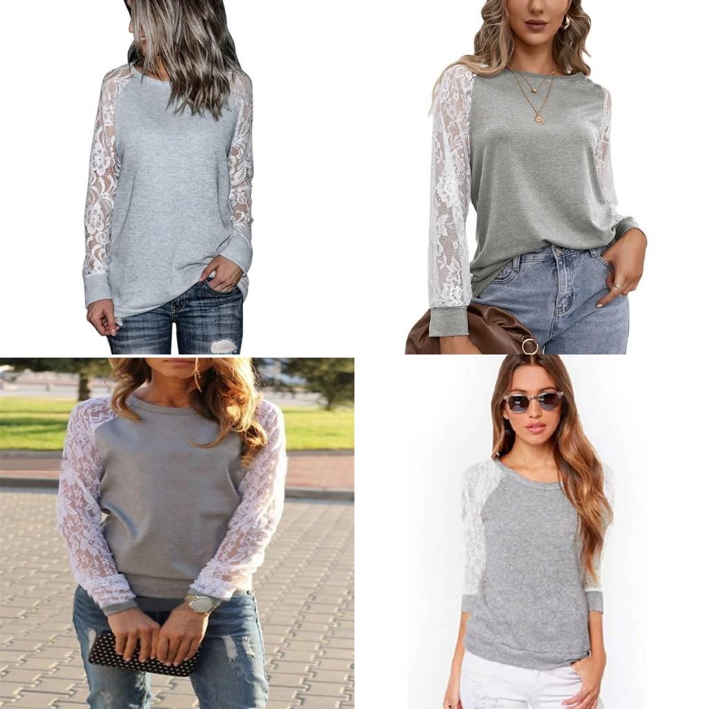 Trim Lace Grey Crew Neck Fitted Tshirt Blended Fabric Hoodie Women Long Sleeve