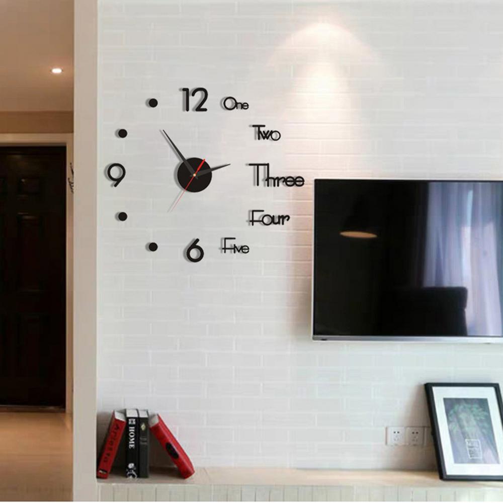 3D Зеркальные Настенные Часы 3D Большие Без Рамки Цифровые Часы Настенные Наклейки Бесшумные Часы Для Дома Гостиной Офиса чёрный