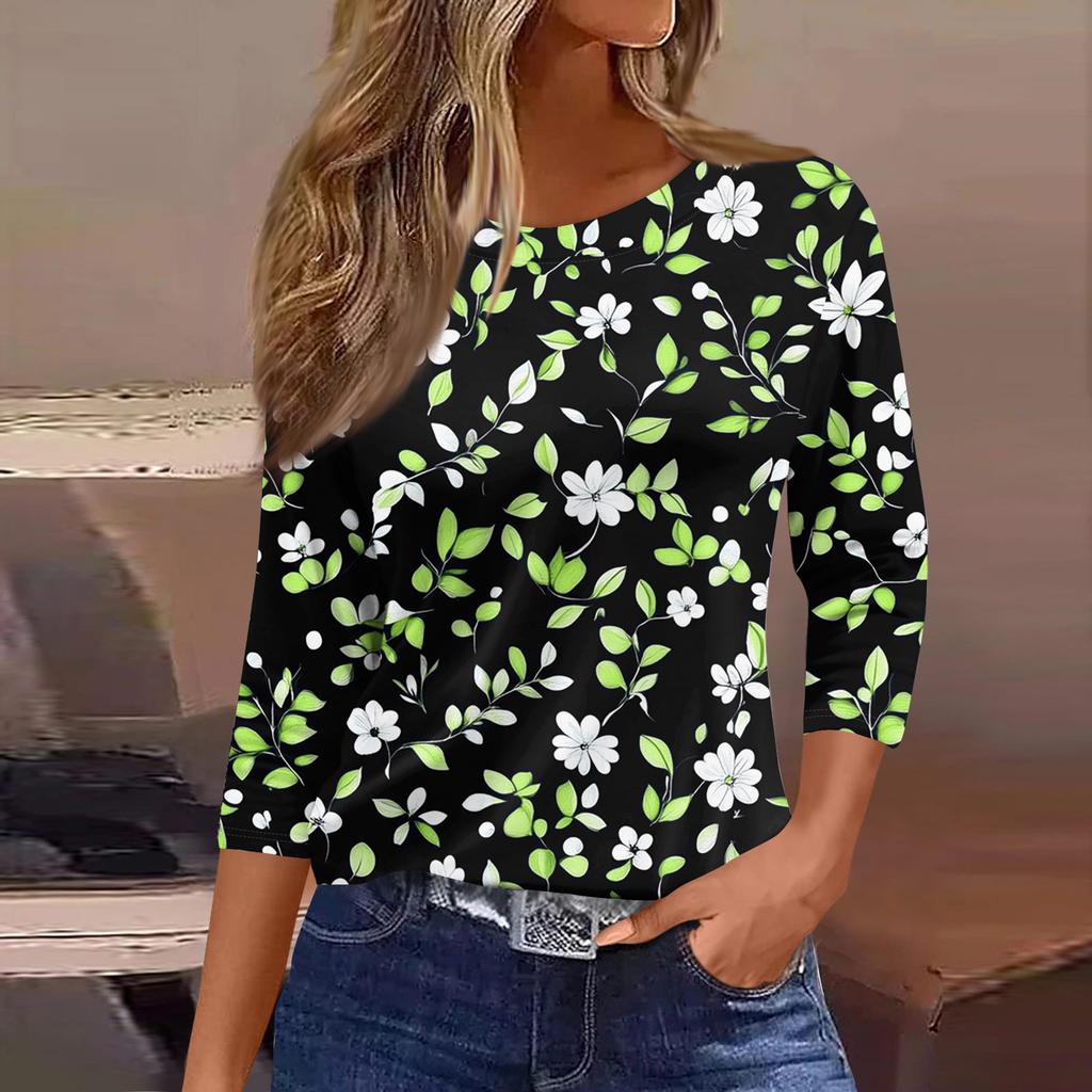 Women's Fashionable Casual Round Neck T-Shirt With Floral Print And Three-Quarter Sleeves