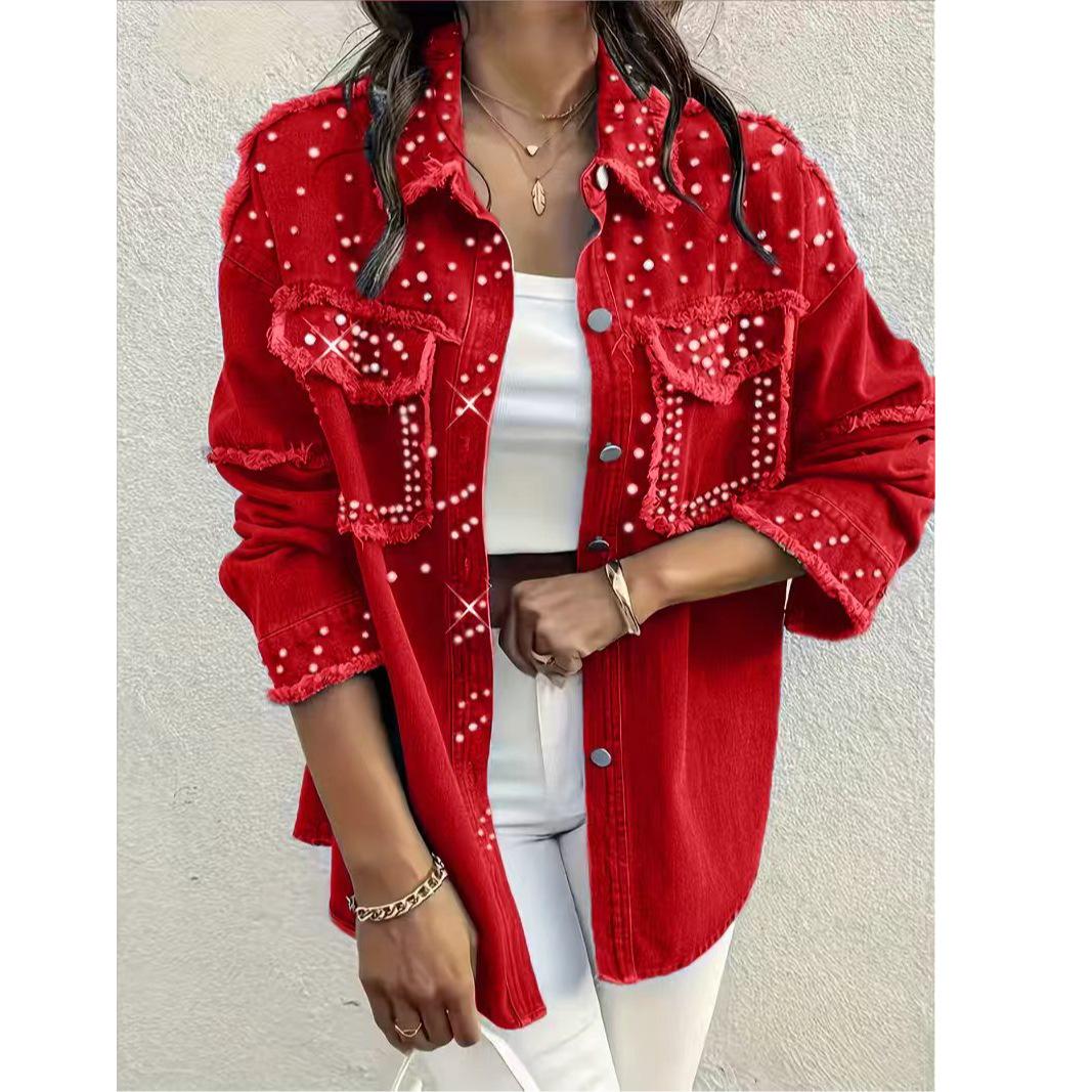 Diamond Pearl Women s Plus Size Embellished Denim Jacket XL красный