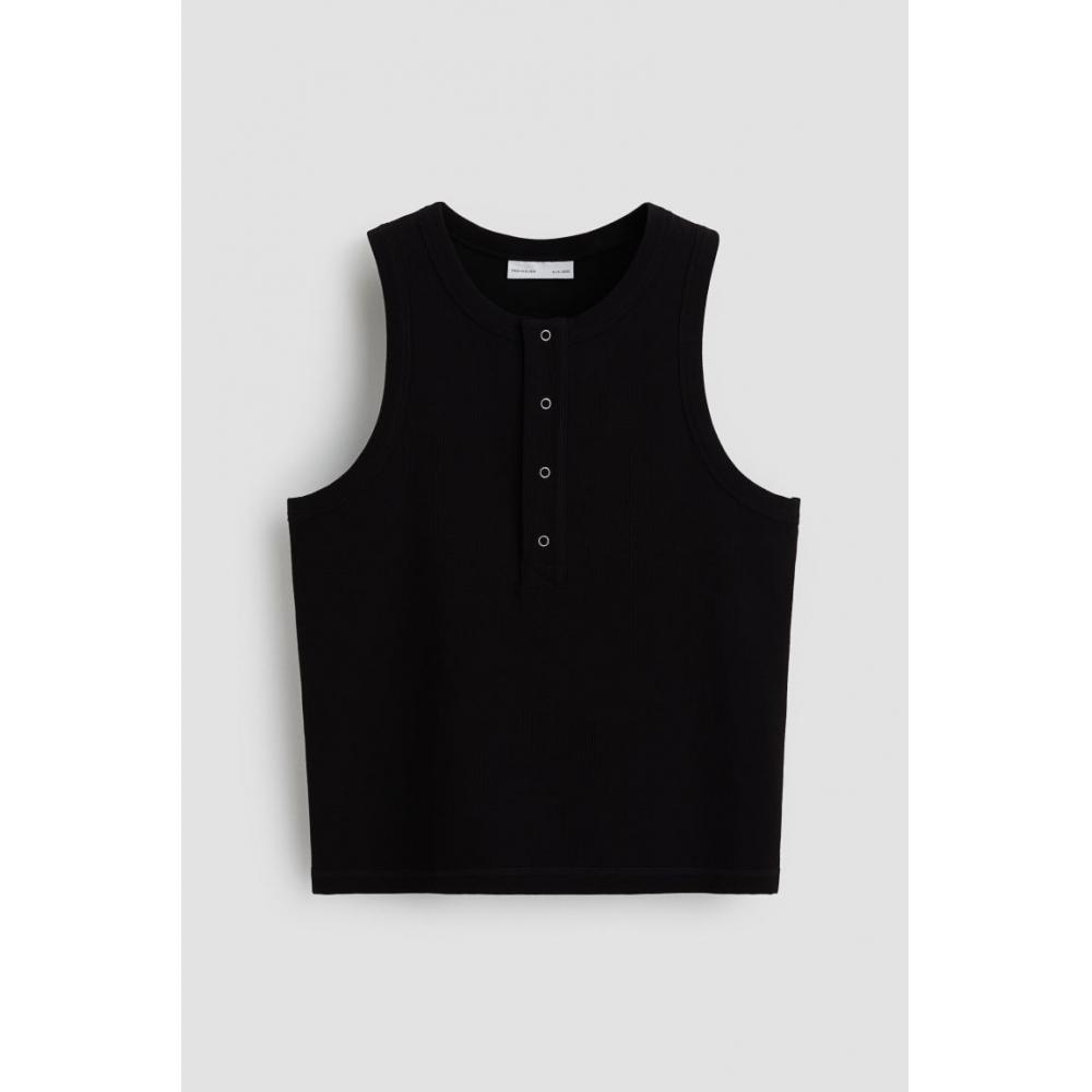 H M Ribbed Sleeveless Henley Top Black