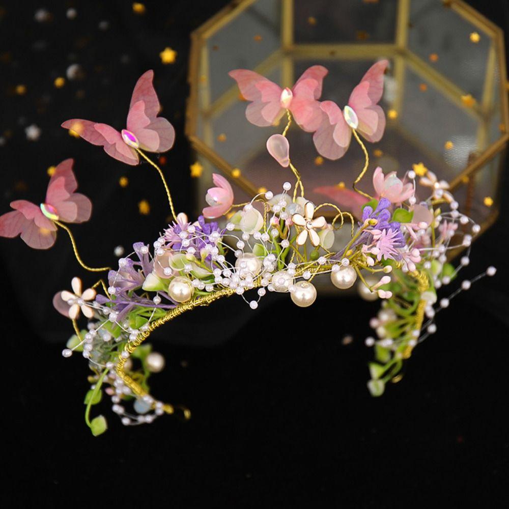 Butterfly Pearl Headpiece Imitation Pearl Girl Crown Flower Child Crown Kid Hair Hoop  Daily Wear