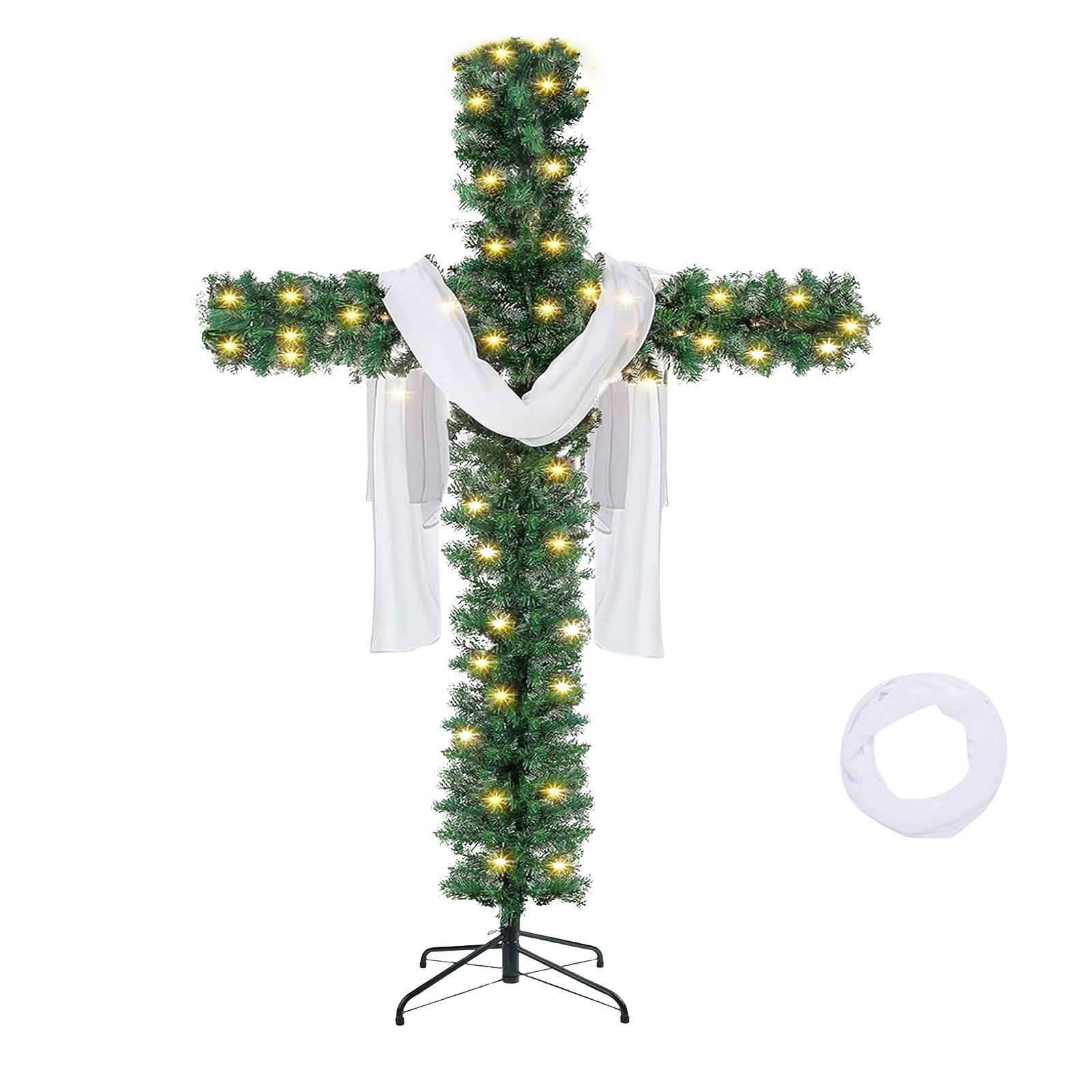 

A Cross-shaped Christmas Tree With Lights, Pre-lit, Elongated, Pencil-shaped Artificial Tree, Complete With A Scarf And Christ Crown, Suitable For S зелёный