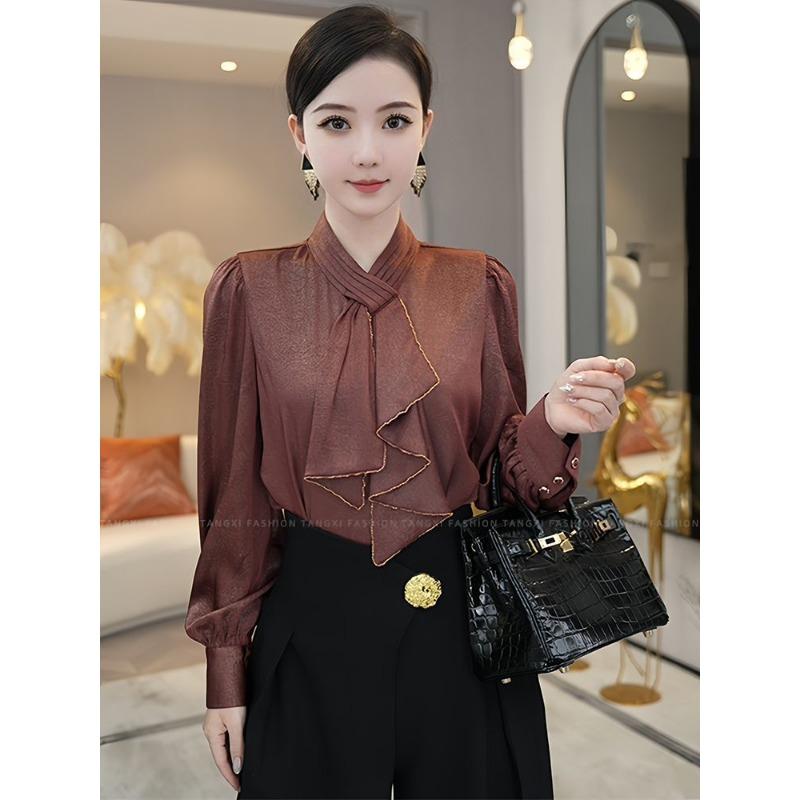 

Spring New French Style High-end Design Women s Loose Red Satin Long-sleeved Shirt Top M червоний