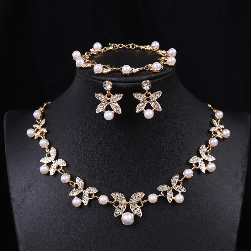 Elegant Butterfly Pearl Jewelry Set: Necklace, Earrings & Bracelet for Weddings
