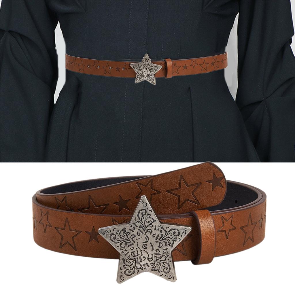 Western Cowboy Faux Leather Belts Star Pattern Buckle Waist Belt Vintage Engraved Embossed Waistband for Women Jeans