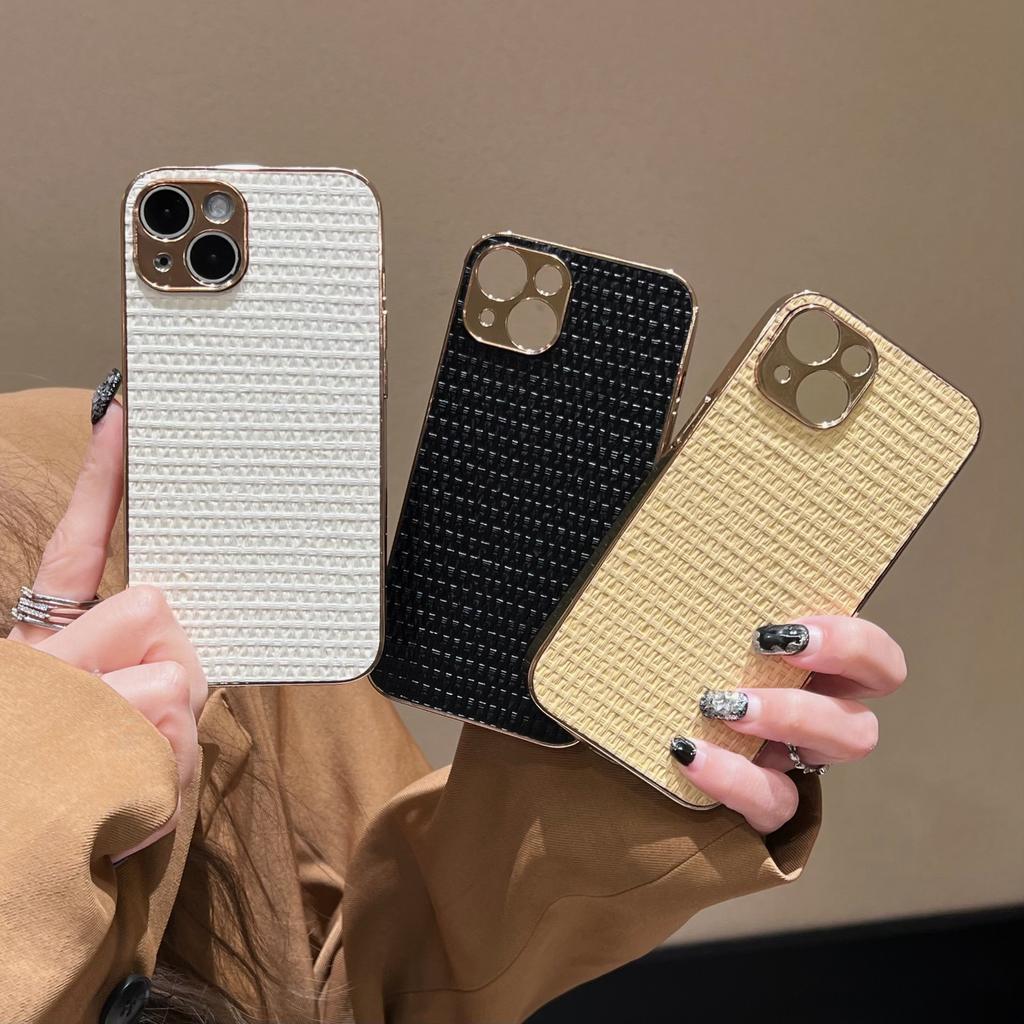 Niche Woven Leather Pattern Is Suitable for iPhone16Pro Max Apple 15 Mobile Phone Case 13/14 Electroplating Simple Solid Color