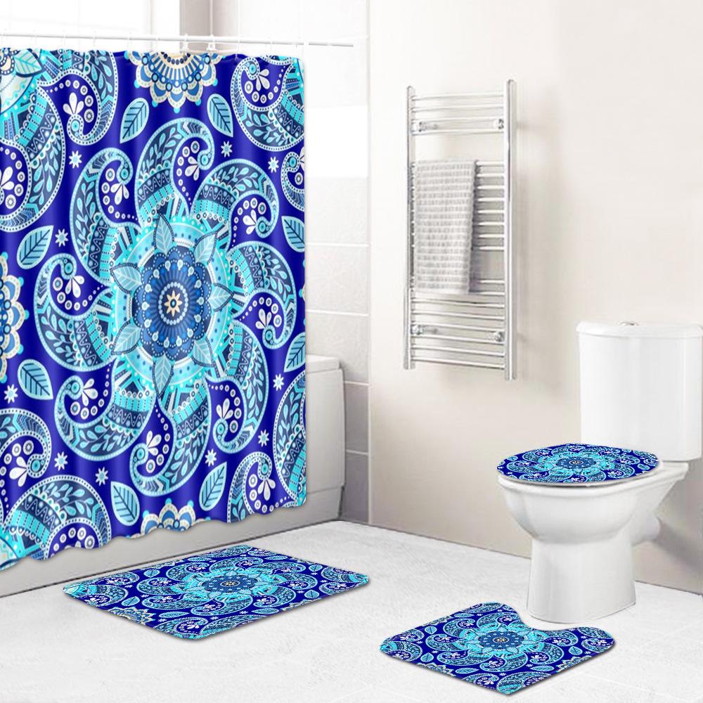 Retro Geometric Bathroom Four-Piece Waterproof Shower Curtain Bedroom Non-Slip Carpet Floor Mat Door Mat