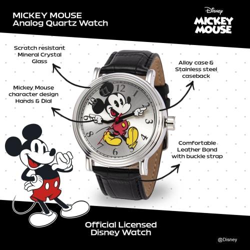 Disney W001868 Mickey Mouse Stříbrné hodinky s černým řemínkem pro muže