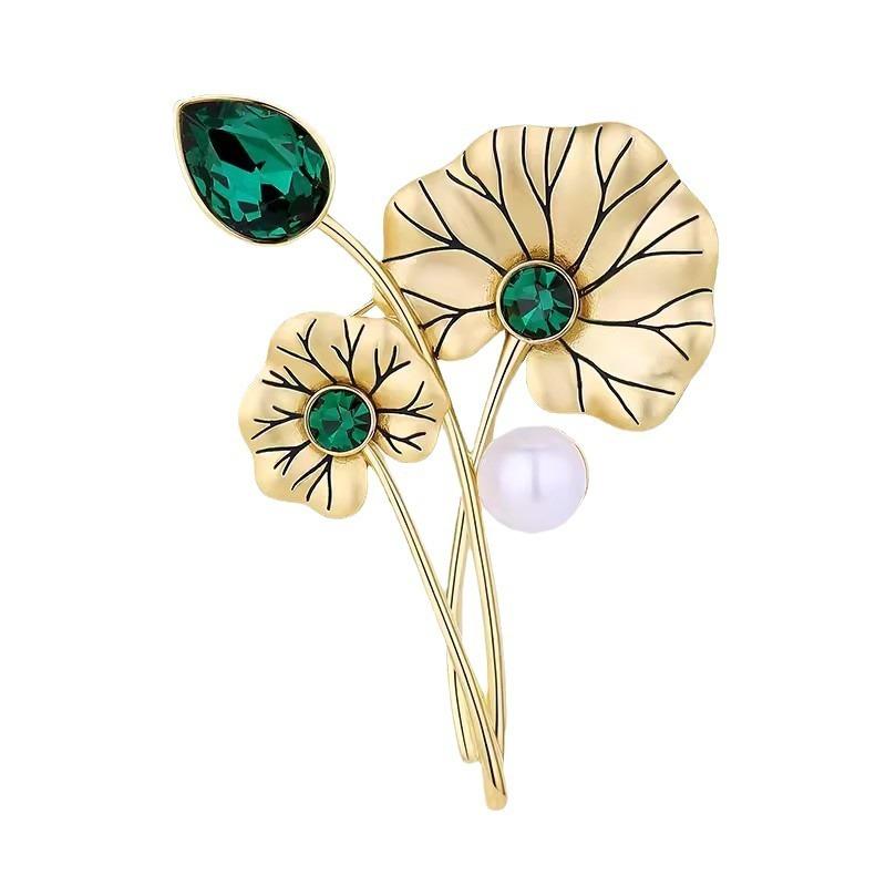 Retro Qingqing Lotus Brosche, Vielseitige und elegante Perlen-Lotusblatt-Brosche, Leichter Luxus und Nischen-Design-Sinn-Brosche