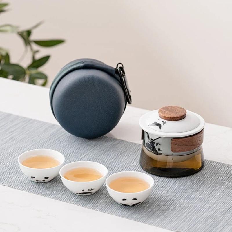 Portable Travel Tea Set with Bag – Ceramic Teapot and 3 Cups for Outdoor Camping & Home Brewing