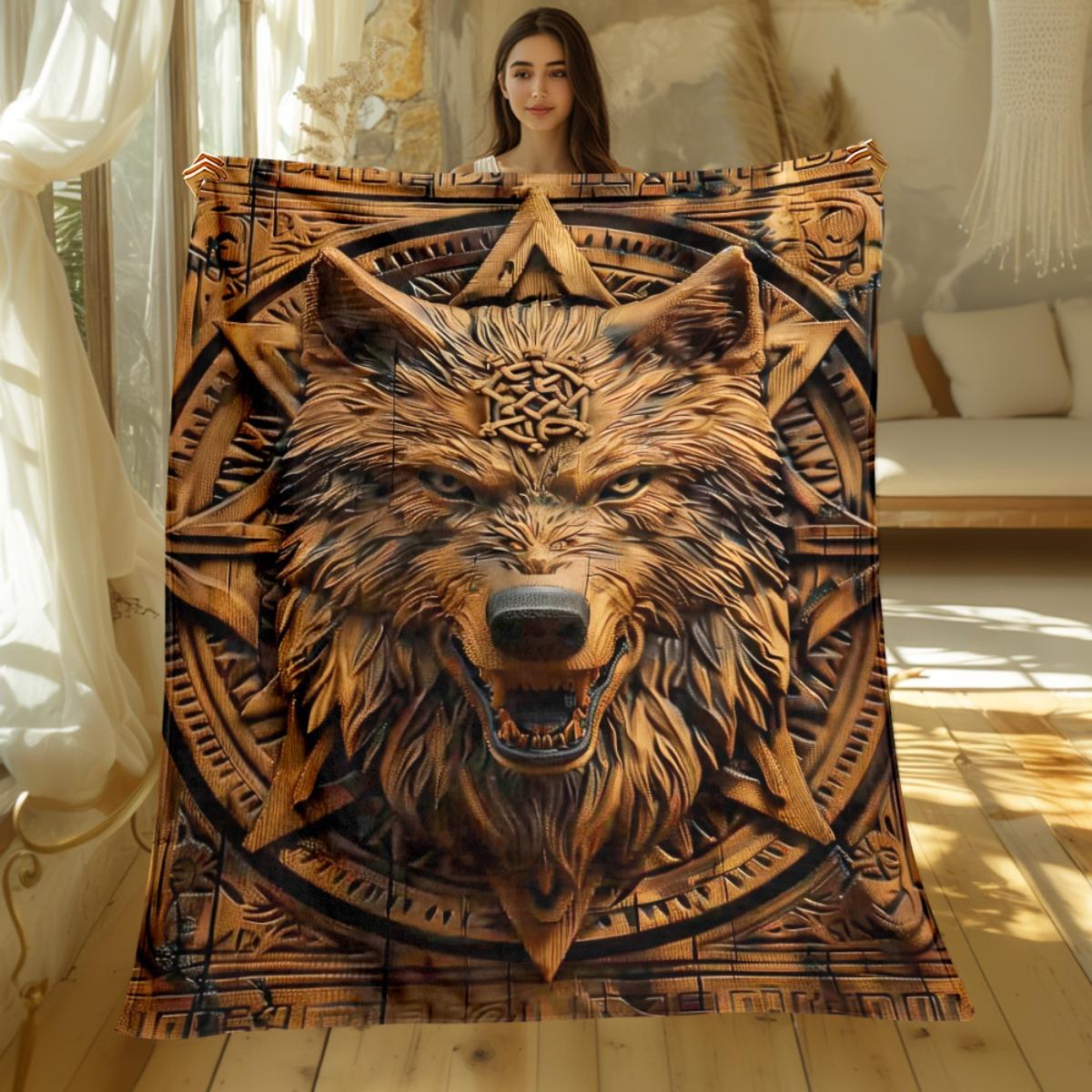 Wolf Tribal Pattern Wooden Carving Design 3D Print Fleece Blanket Soft Flannel Throw Men s Bedroom Decor Spirit Animal Gift 75X95CM