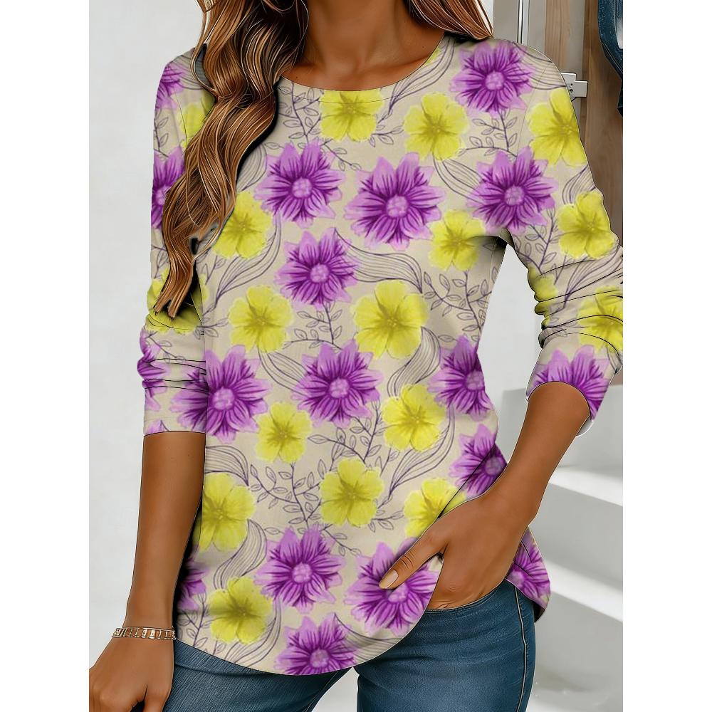 Flower Printing Versatile Comfortable Long Sleeve Fashion Loose Pullovers Long Sleeves Women’s