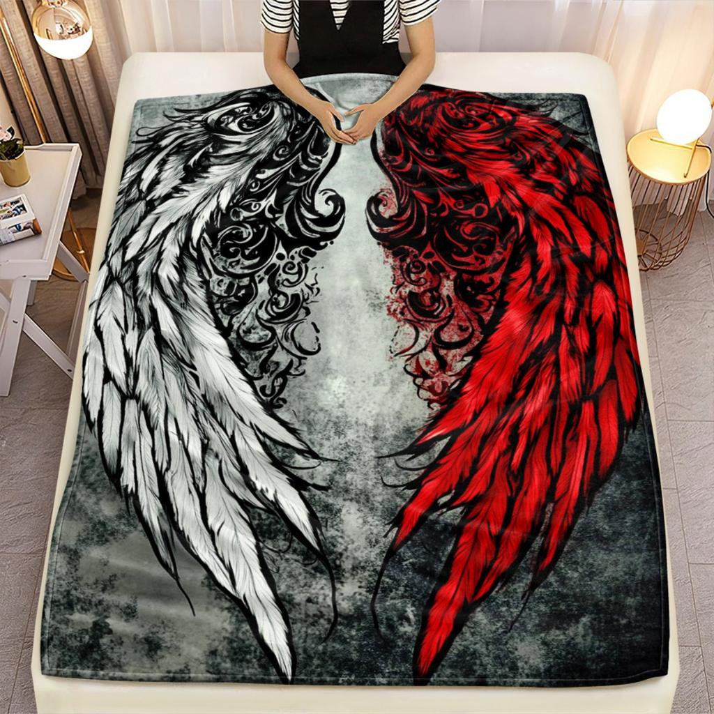 Angel Devil Wings Tattoo Style Blanket Flannel Soft Throw Artistic Design Gothic Aesthetic Home Decor Gift for Fashion Lovers
