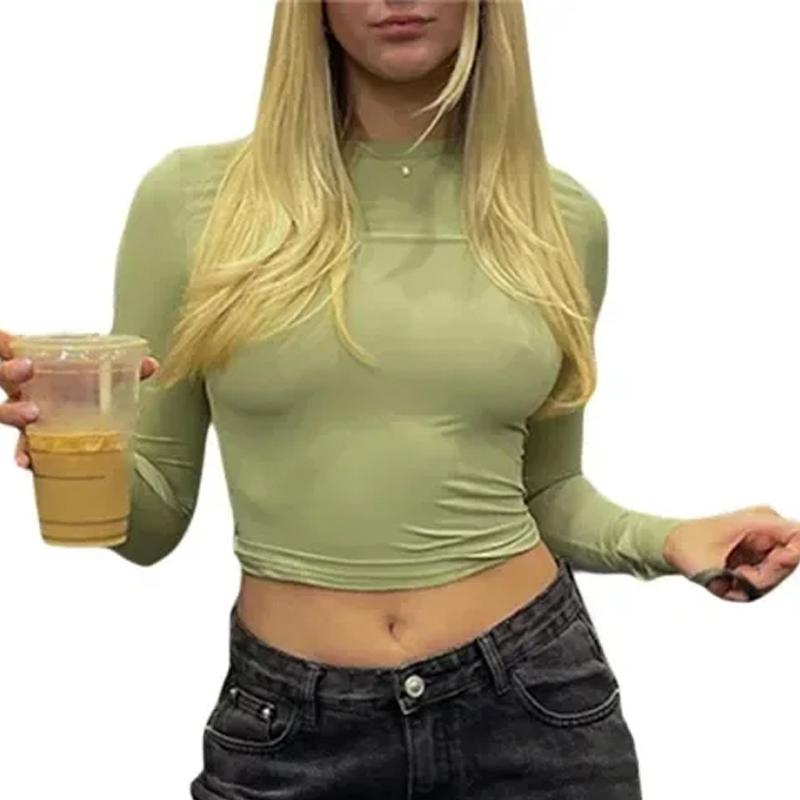 

Модные футболки с круглым вырезом, уличная одежда, топы, женские однотонные облегающие простые футболки, весенне-осенние повседневные футболки с длинными рукавами 30423 XL зелёный