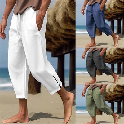 Pantaloni estivi in lino da uomo, pantaloni da spiaggia, tinta unita, aperture per le gambe, comodi, traspiranti, casual, per le vacanze quotidiane
