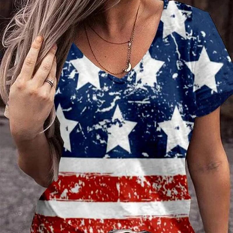 Summer V-neck 3D American Flag Printed Top Fashionable Casual Short Sleeved Women's T-shirts