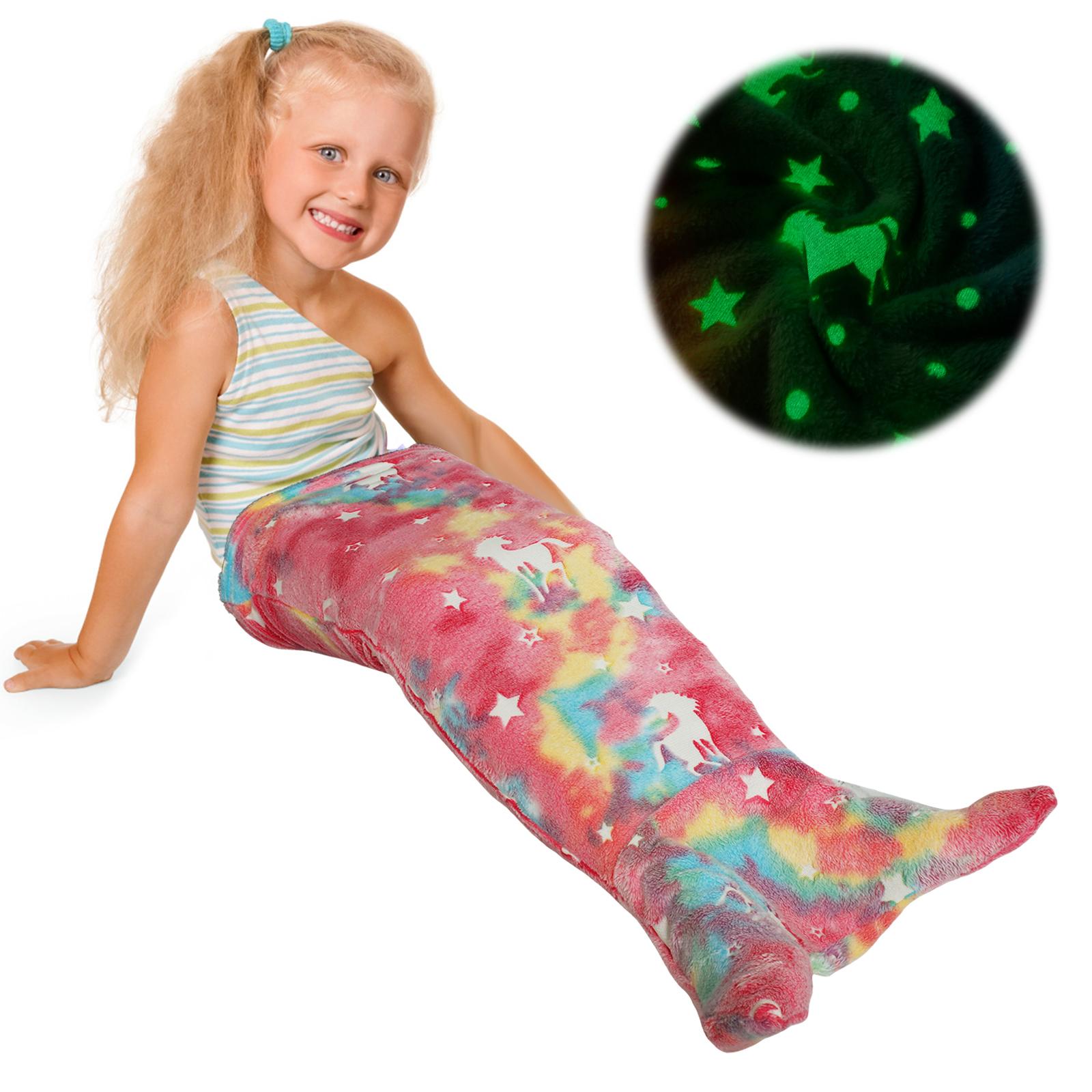 

Детское светящееся в темноте одеяло, мягкое фланелевое одеяло с хвостом русалки и радужным узором в виде рыбьей чешуи для девочек, спальный мешок, НОВЫЙ 100x50cm