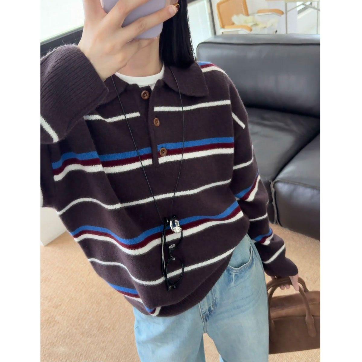 

Корейский вязаный свитер в стиле ретро с цветными блоками и полосками для женщин - Повседневный, Осенний, Свободного кроя XL 58-63 kg