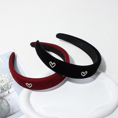Retro Wide-brimmed Flocking Sponge Headband for Women Rhinestone Heart Headband Fashion Girls Face Washing Headband