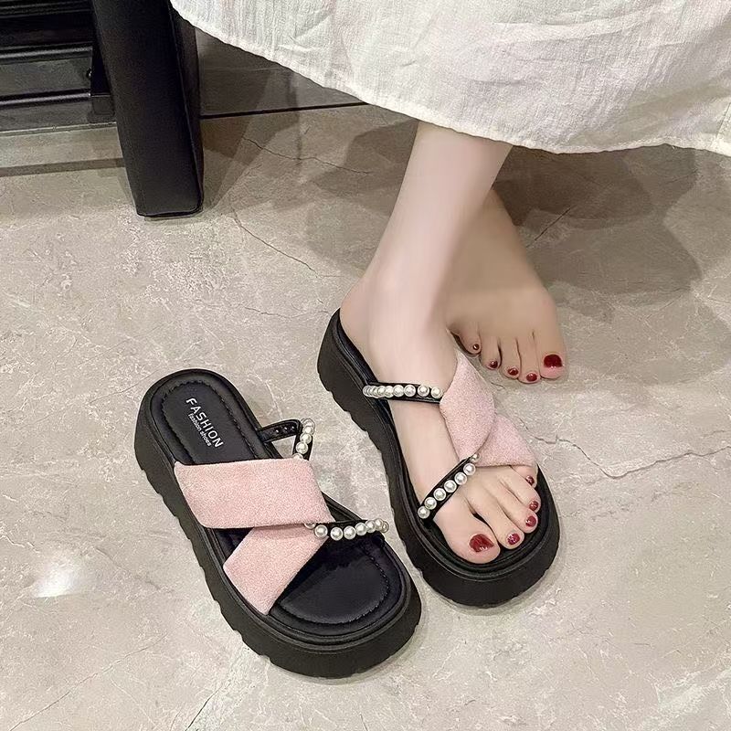 Pearl national style fairy wind girl one-word drag 2025 summer new outer wear with skirt sandals thick-bottomed beach tide slippers