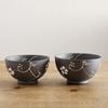 Arita ware pair of rice bowls, Higashihara kiln, with a white floral arabesque pattern. A stylish, modern, and elegant rice bowl set.