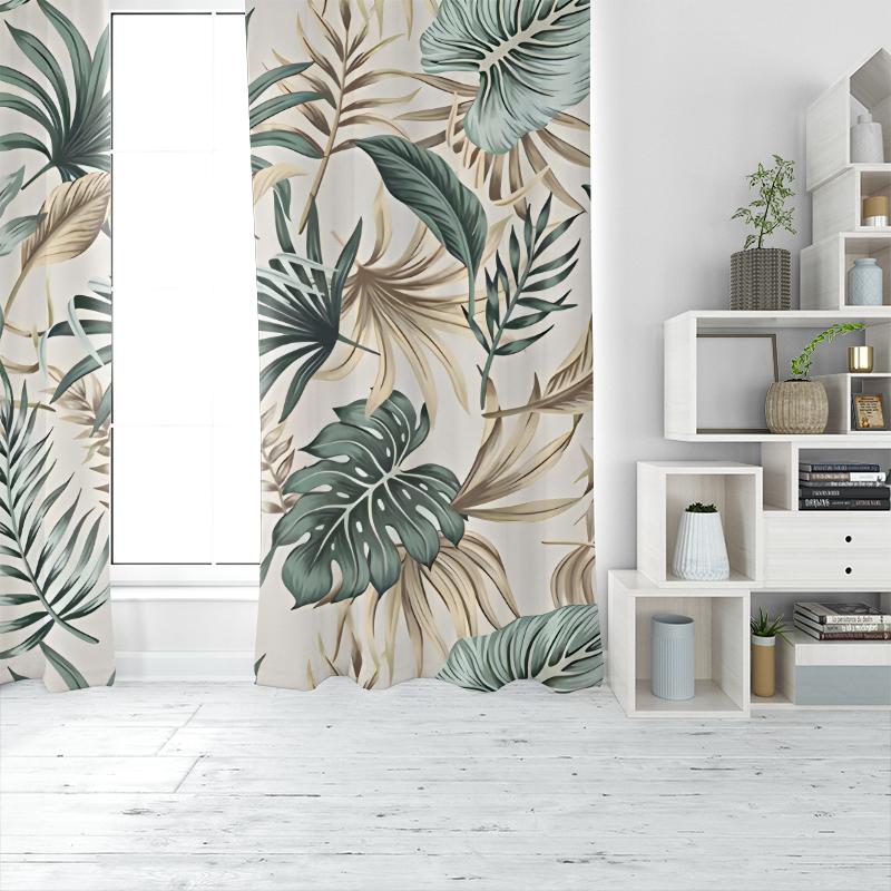 2pcs- Fresh lightweight green leaf polyester curtains, bathroom, bedroom, living room, and family space ornamental curtains