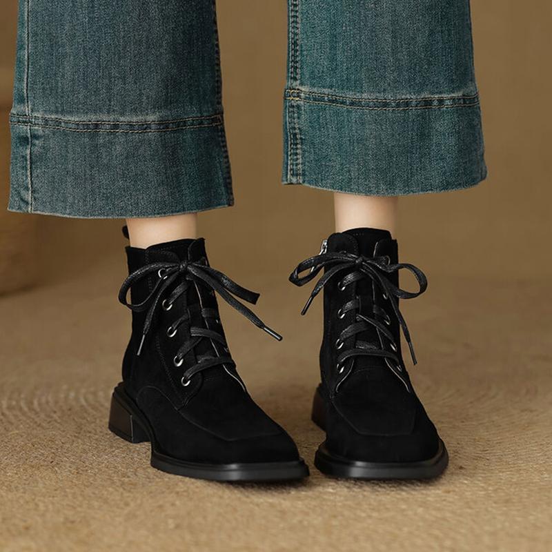 Fashion NEW Autumn Women Boots Sheep Suede Leather Shoes for Women Sqaure Toe Chunky Heel Shoes Lace-up Zipper Short Boots Daily Shoes