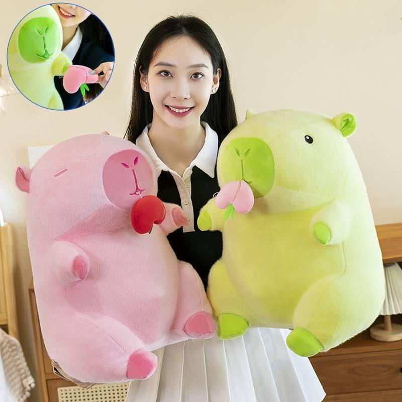 Adorable Peach Capybara Plush Toy Soft Pillow Doll In Green And Pink Colors