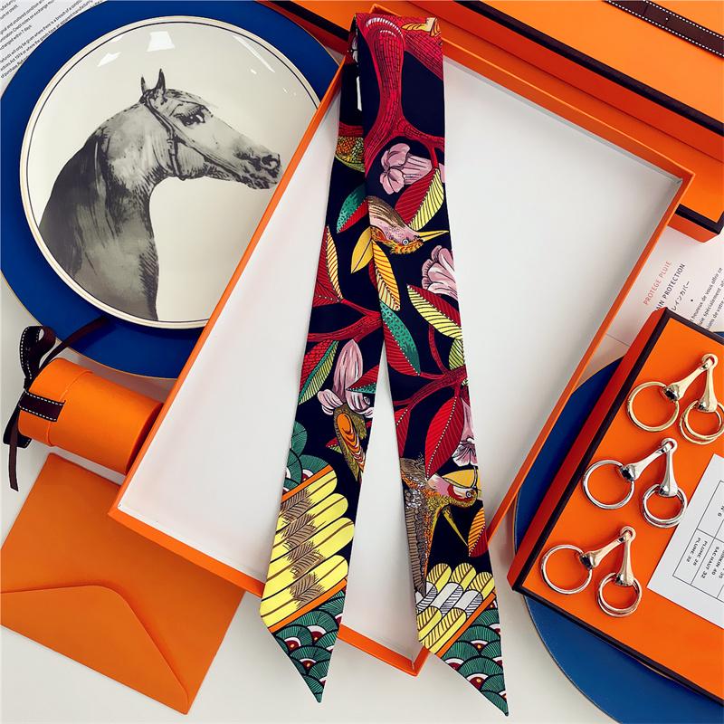100% Silk High Quality Luxury Brand Scarf Women Headband Hair Band Foulard Tie Ribbon Neckerchief Skinny Scarves Accessories