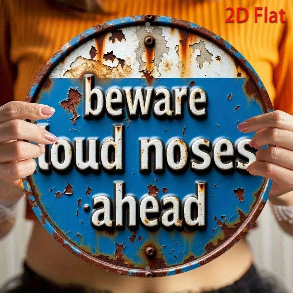 Vintage Caution Noise Ahead Blue White Metal Tin Sign Garage Wall Decor