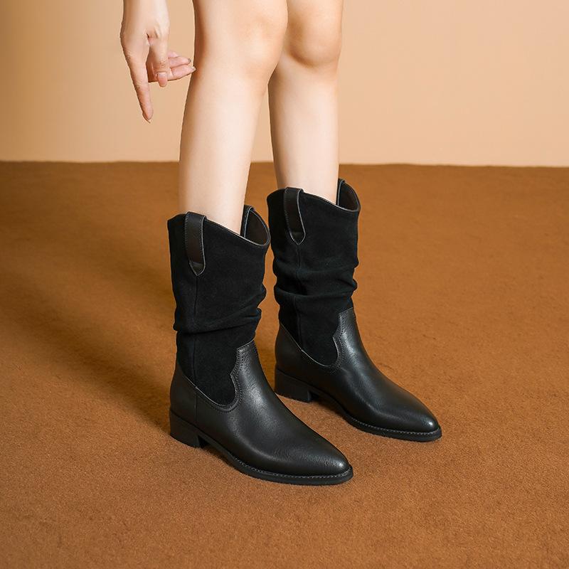 Cowhide Version~ Genuine Leather V-mouth Pointed French Small Short Boots Women's Spring and Autumn Single Boots Retro Western Cowboy Boots Marti