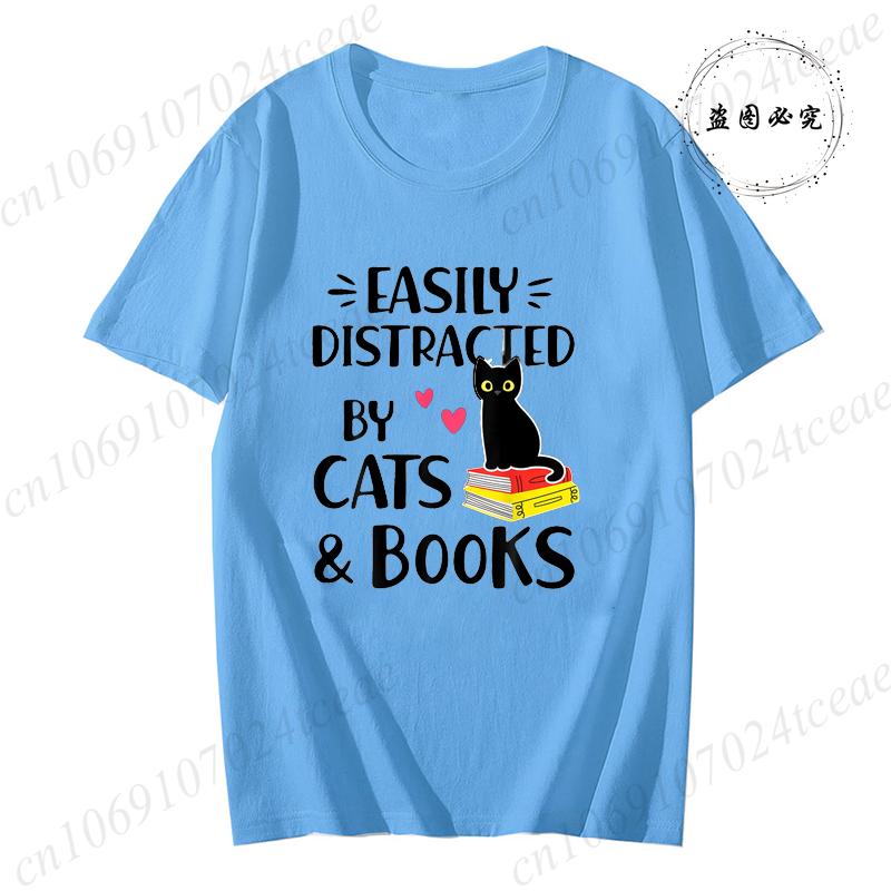 Short Sleeve Tshirt for Unisex Tee Clothes Easily Distracted By Cats and Books Tee Tops Book Reader Top Y2K Unisex Casual Clothes