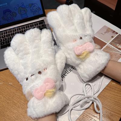Cute Plush Five-finger Gloves for Women's Season To Keep Warm, Plush and Thickened, Cute Students To Keep Out the Wind and Cold