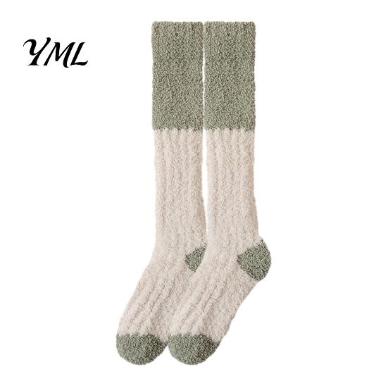 Plush Warmth for Autumn Winter Thickened Long Socks Women, Warm Coral Fleece Socks, Soft Thermal Hosiery Sleep Anti-static Contrast Color Indoor Cozy