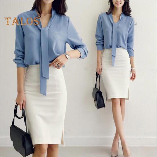 Camisa de verano para mujer, cuello en V, cuello con cordones, manga larga, jersey, tops de color liso, corte holgado, tops de oficina para mujer, ropa de trabajo