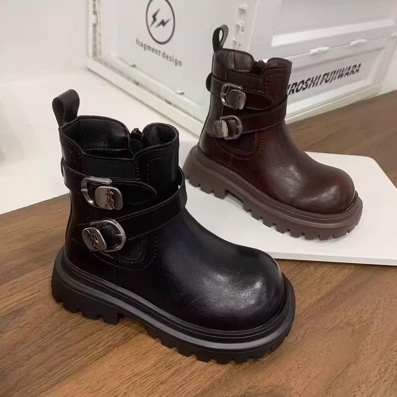 Autumn/Winter Fashionable and Versatile Leather Boots for Girls British Style Fleece-lined Short Boots Non-slip Soft-soled Cotton Boots