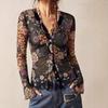 Camicia da donna elegante a maniche lunghe con scollo a V, vestibilità slim, con stampa, per il lavoro e il tempo libero