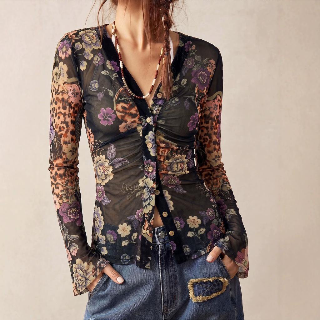 Camicia da donna elegante a maniche lunghe con scollo a V, vestibilità slim, con stampa, per il lavoro e il tempo libero