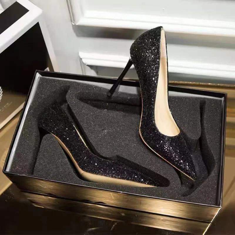 

Мода 2024 года, новые женские туфли с острыми каблуками, блестки, блестки, роскошные дизайнерские туфли-лодочки, свадебные золотые туфли для вечеринок, Zapatos De Mujer 35 чёрный