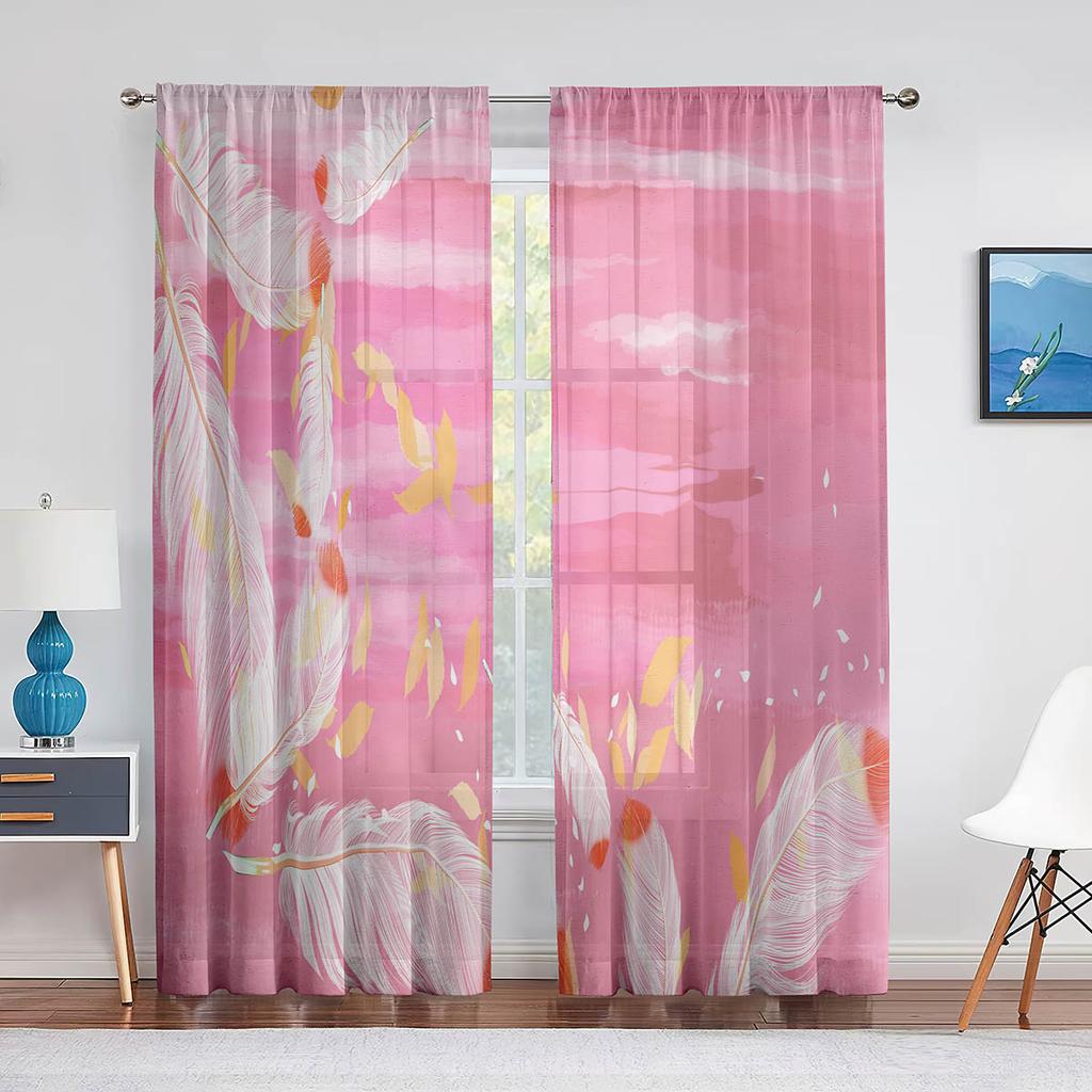 Pink Feather Modern Simple Sheer Voile Curtain for Girls Bedroom Living Room Decoration Chiffon Window Kitchen Tulle Curtains