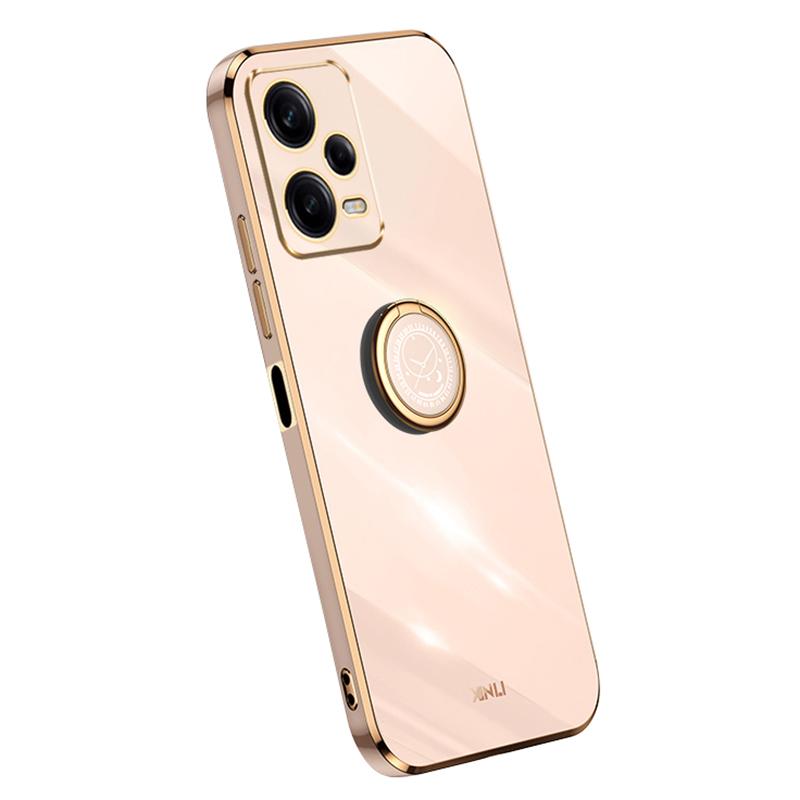 

XINLI Phone Case for Xiaomi Redmi Note 12 Pro+ 5G Electroplating Golden Edge Ring Holder Kickstand TPU Phone Cover Pink