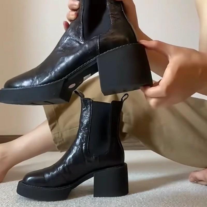 Cowhide Version~ Leather Platform Short Boots Women's Autumn and Winter Retro Chelsea Boots Thick Heel Thin Boots British Martin Boots