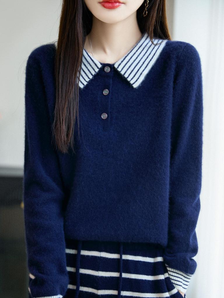 Women's Pure Wool Color Block Sweater - Korean Style Lapel Knitwear, Versatile and Loose, Long Sleeve for Autumn/Winter