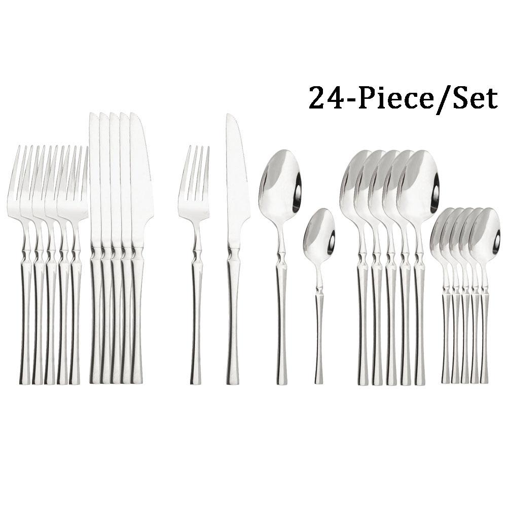 

JANKNG 24Pcs White Gold Tableware Set Stainless Steel Dinnerware Spoon Fork Knife Cutlery Kitchen Food Flatware Silverware Set