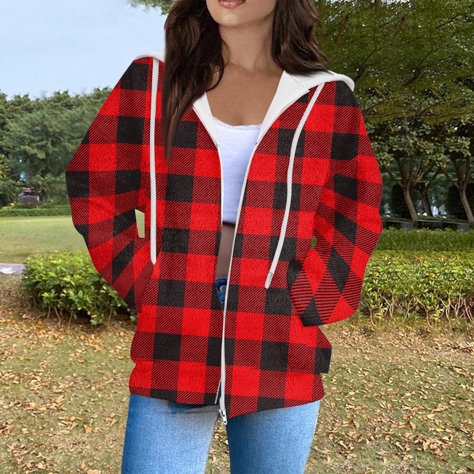 

Женская мода повседневная клетчатая куртка с длинным рукавом и карманом на молнии XL красный