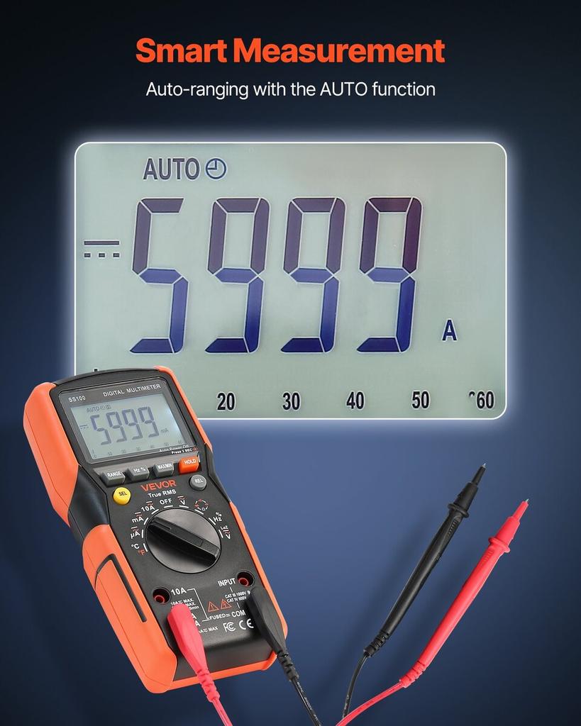 Digital Multimeter, 6000-Count TRMS DC/AC Voltmeter Current Tester, Auto-Ranging Multimeter for Current Voltage Resistance Capacitance Temperature